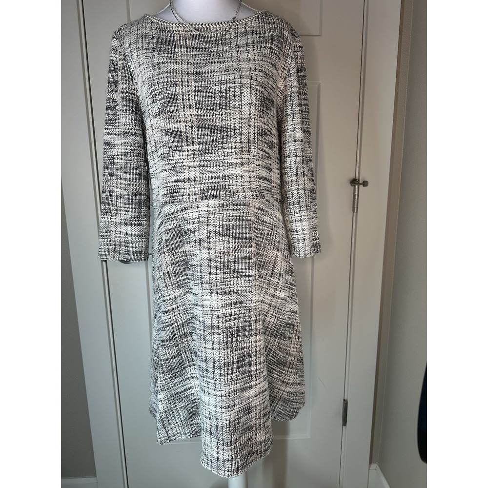Max Studio Plaid Knit Dress Women LG Black White Long Sleeve Fit & Flare‎ 35"